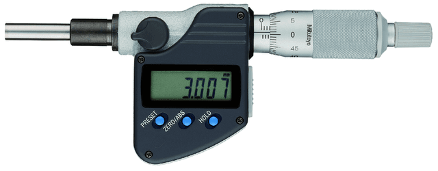 Image of digital micrometer head 0-25mm, flat spindle, 10mm plain stem .