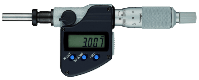 Image of digital micrometer head 0-25mm, flat, clamp nut, 10mm stem .